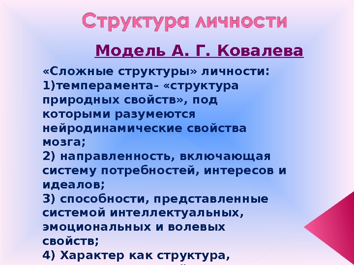 Модель А. Г. Ковалева «Сложные структуры» личности:  1) темперамента- «структура природных свойств» ,