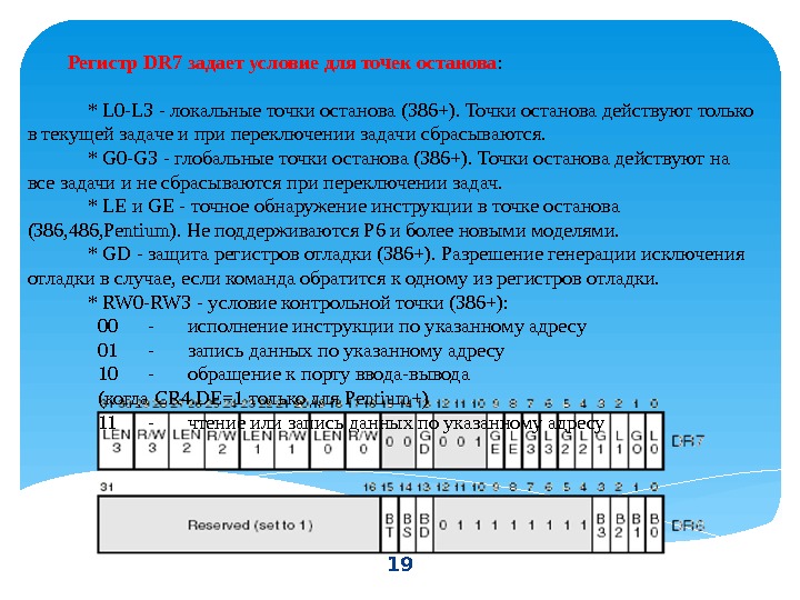 19 Регистр DR 7 задает условие для точек останова :  * L 0