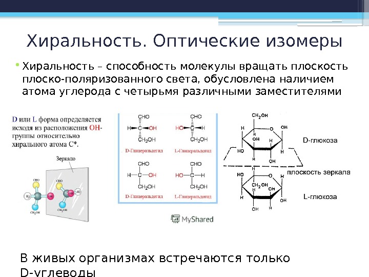 Хиральность. Оптические изомеры • Хиральность – способность молекулы вращать плоскость плоско-поляризованного света, обусловлена наличием