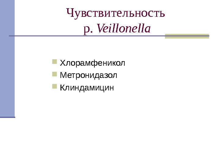  Хлорамфеникол Метронидазол Клиндамицин Чувствительность  p.  Veillonella 