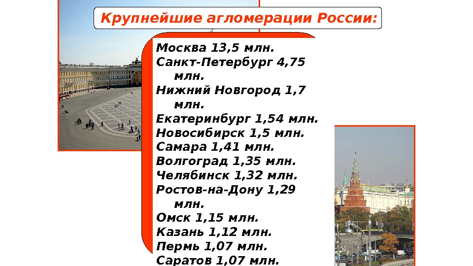 Москва 13, 5 млн.  Санкт-Петербург 4, 75 млн.  Нижний Новгород 1, 7
