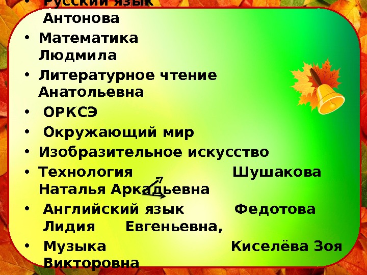 Список преподавателей • Русский язык      Антонова • Математика 