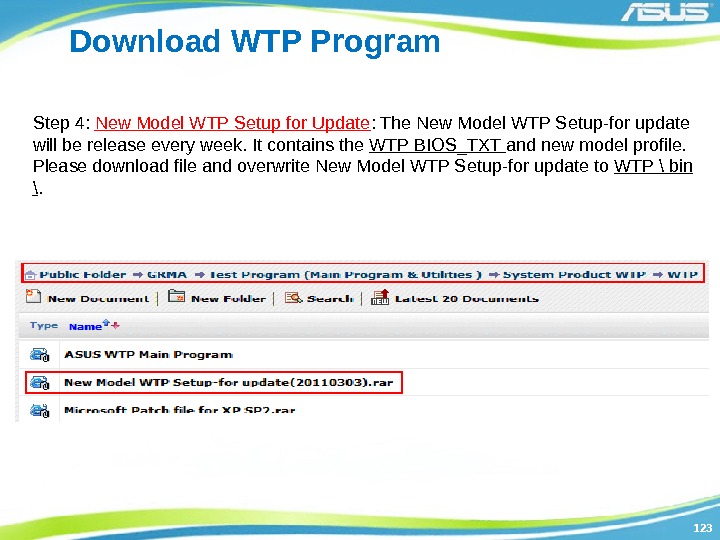 123123 Download WTP Program Step 4:  New Model WTP Setup for Update :