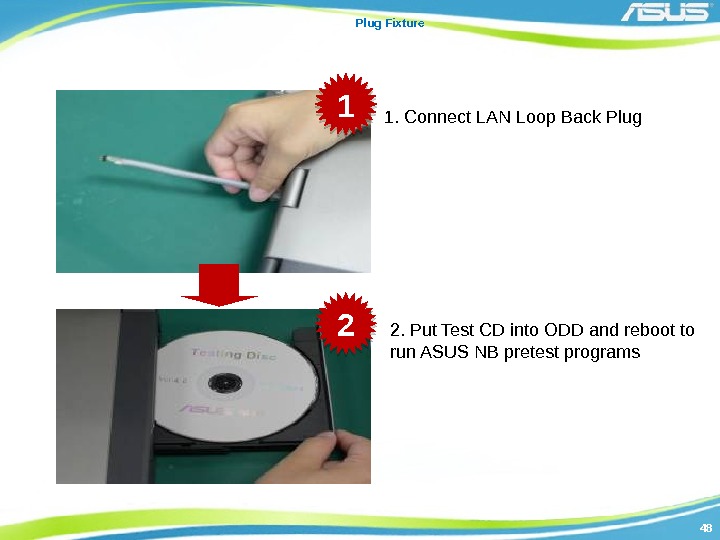4848 Plug Fixture 1. Connect LAN Loop Back Plug 1 2 2. Put Test