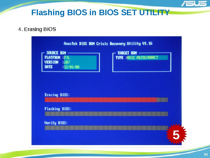 9191 Flashing BIOS in BIOS SET UTILITY 4. Erasing BIOS 5 