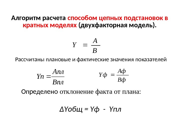 Алгоритм расчета способом цепных подстановок в кратных моделях (двухфакторная модель). B A Y Рассчитаны