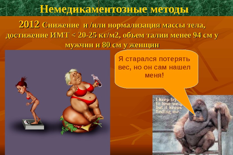 Немедикаментозные методы  2012 Снижение и /или нормализация массы тела,  достижение ИМТ 