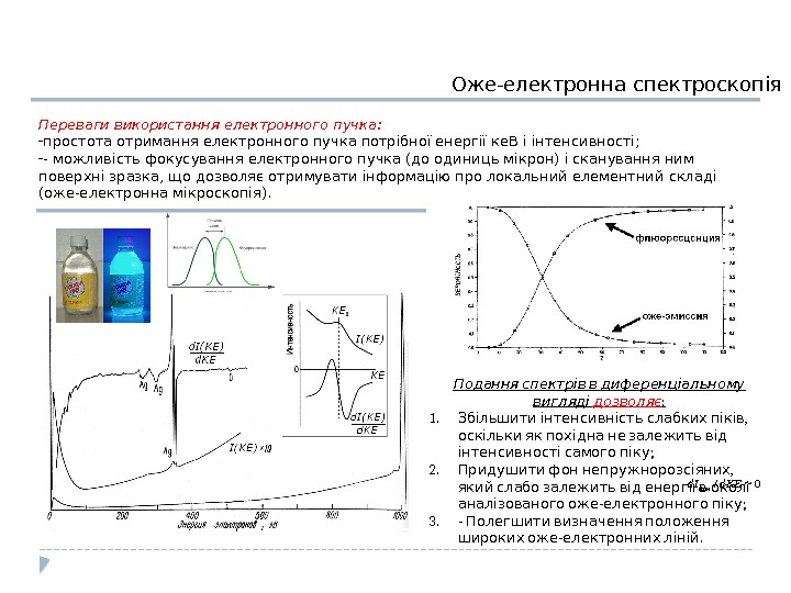 Оже-електронна спектроскопія Переваги використання електронного пучка: - простота отримання електронного пучка потрібної енергії ке.