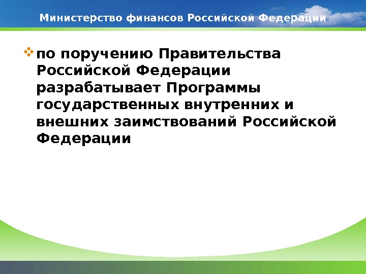 Министерство финансов Российской Федерации по поручению Правительства Российской Федерации разрабатывает Программы государственных внутренних и