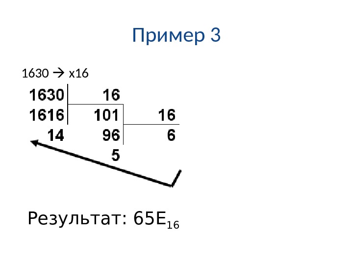 Пример 3 1630  x 16 Результат: 65 E 16 