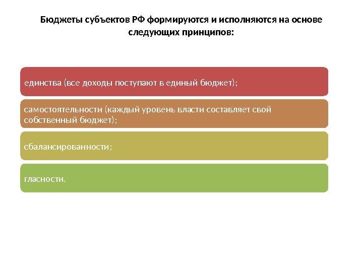 Бюджеты субъектов РФ формируются и исполняются на основе следующих принципов: единства (все доходы поступают
