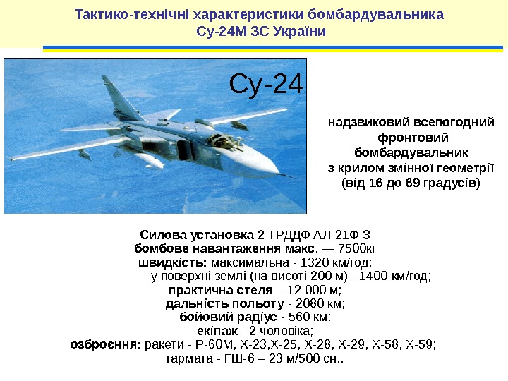 Тактико-технічні характеристики бомбардувальника Су-24 М ЗС України Силова установка 2 ТРДДФ АЛ-21 Ф-З бомбове