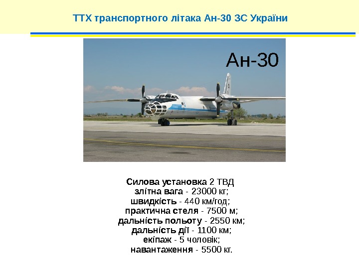 ТТХ транспортного літака Ан-30 ЗС України Силова установка 2 ТВД злітна вага - 23000