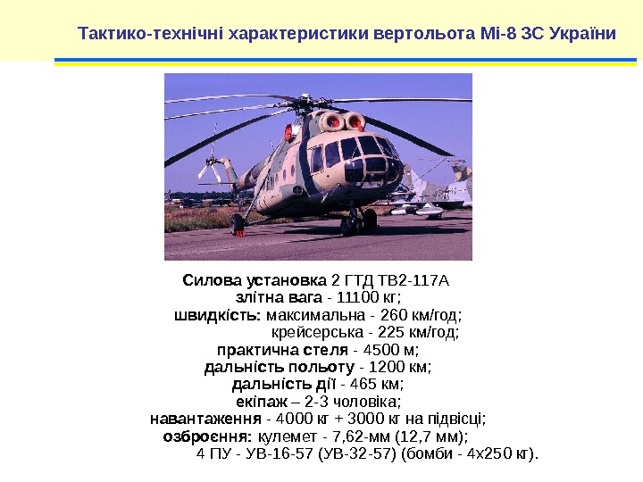 Тактико-технічні характеристики вертольота Мі-8 ЗС України Силова установка 2 ГТД ТВ 2 -117 А
