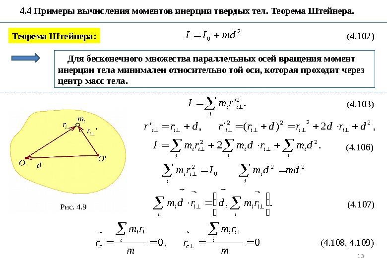 13  4. 4 Примеры вычисления моментов инерции твердых тел. Теорема Штейнера: 2 0