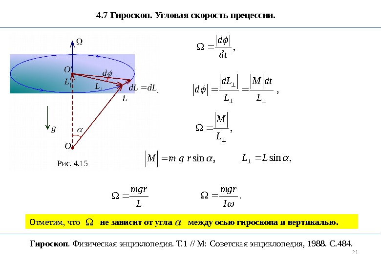 214. 7 Гироскоп. Угловая скорость прецессии. , dt d , L dt. M L