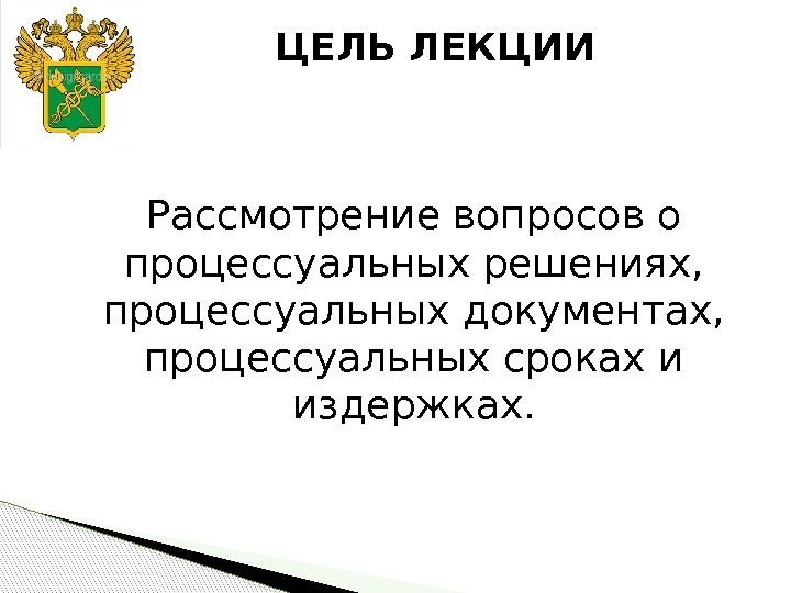 ЦЕЛЬ ЛЕКЦИИ Рассмотрение вопросов о процессуальных решениях,  процессуальных документах,  процессуальных сроках и