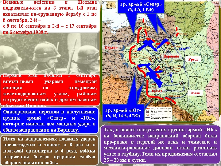 Военные действия в Польше подразделя-ются на 3 этапа.  1 -й этап охватывает во-оруженную