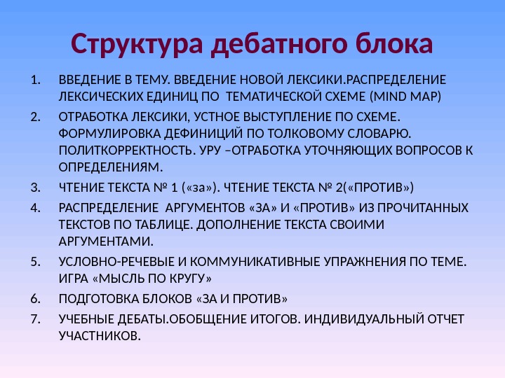 Структура дебатного блока 1. ВВЕДЕНИЕ В ТЕМУ. ВВЕДЕНИЕ НОВОЙ ЛЕКСИКИ. РАСПРЕДЕЛЕНИЕ ЛЕКСИЧЕСКИХ ЕДИНИЦ ПО