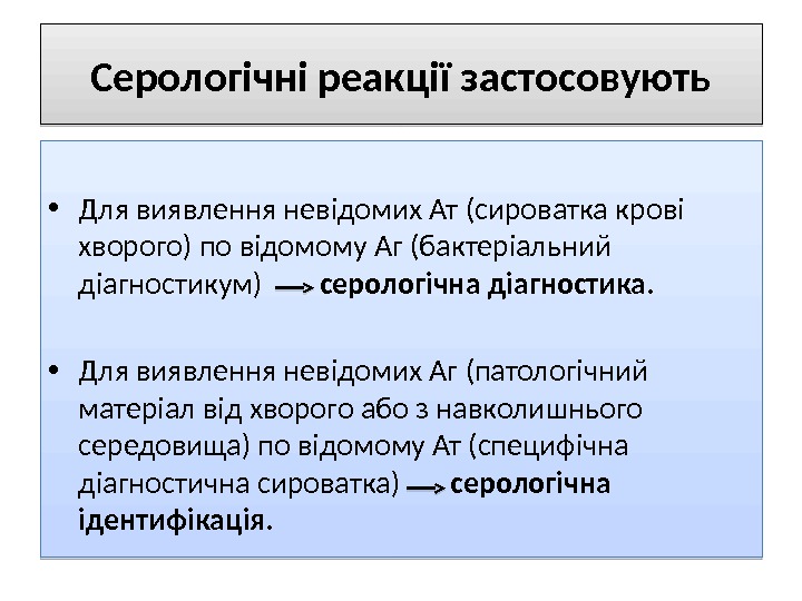 Серологічні реакції застосовують • Для виявлення невідомих Ат (сироватка крові хворого) по відомому Аг