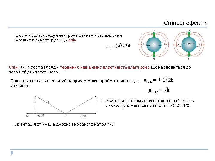 Спінові ефекти    Окрім маси і заряду електрон повинен мати власний момент