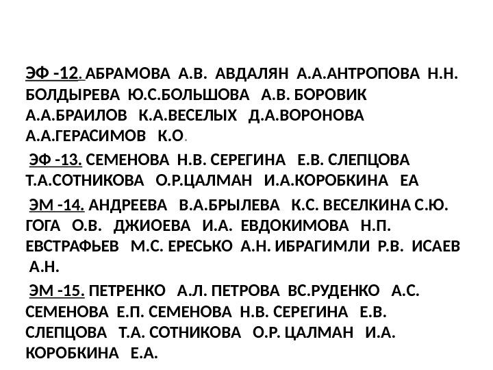 ЭФ -12.  АБРАМОВА А. В.  АВДАЛЯН А. А. АНТРОПОВА Н. Н. 