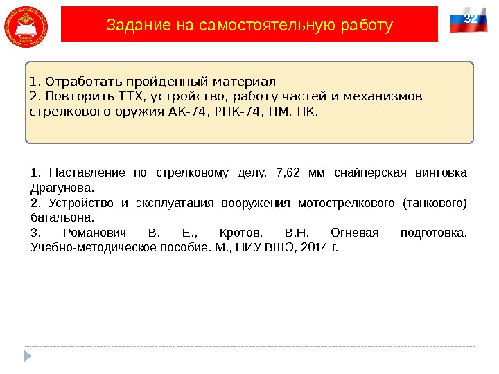 32 Задание на самостоятельную работу 1. Отработать пройденный материал 2. Повторить ТТХ, устройство, работу