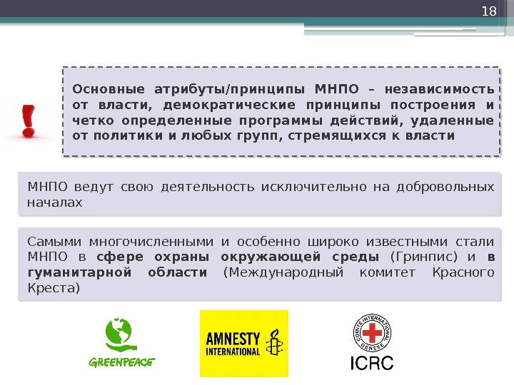 18 Основные атрибуты/принципы МНПО – независимость от власти,  демократические принципы построения и четко