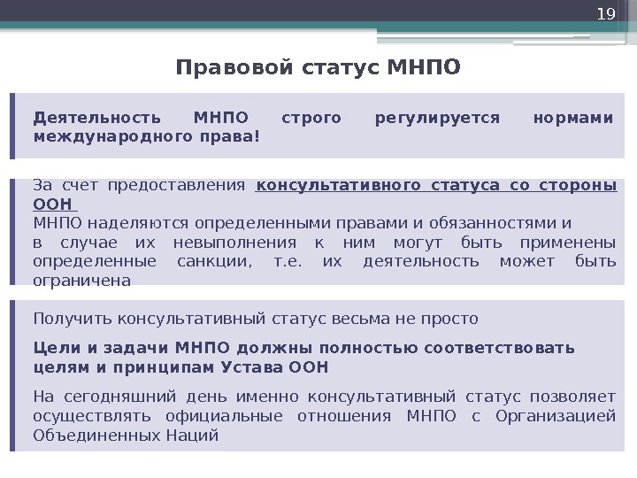 19 Правовой статус МНПО Деятельность МНПО строго регулируется нормами международного права! За счет предоставления