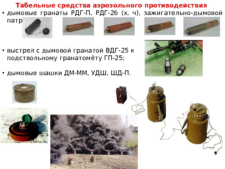 Табельные средства аэрозольного противодействия  • дымовые гранаты РДГ-П,  РДГ-2 б (х, 