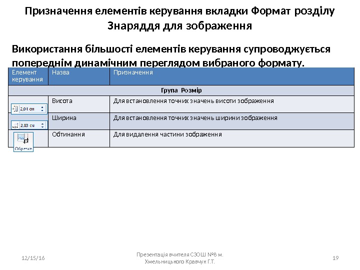 Призначення елементів керування вкладки Формат розділу Знаряддя для зображення Використання більшості елементів керування супроводжується