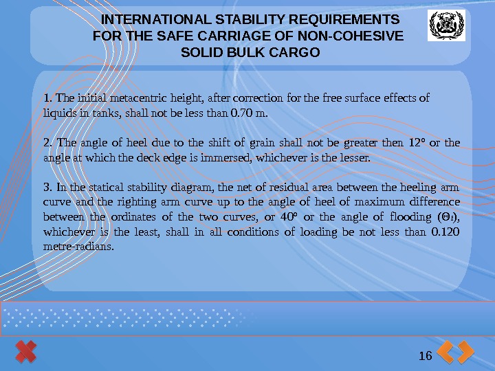 INTERNATIONAL STABILITY REQUIREMENTS FOR THE SAFE CARRIAGE OF NON-COHESIVE SOLID BULK CARGO 161. The