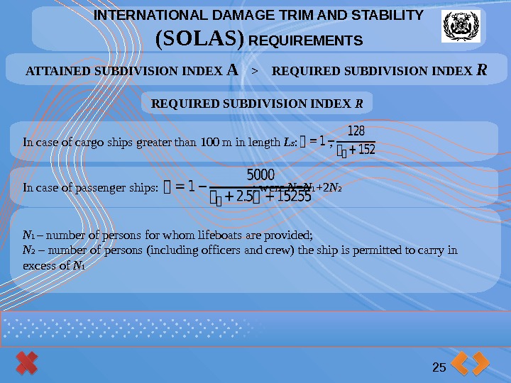 INTERNATIONAL DAMAGE TRIM AND STABILITY (SOLAS) REQUIREMENTS 25 ATTAINED SUBDIVISION INDEX A  