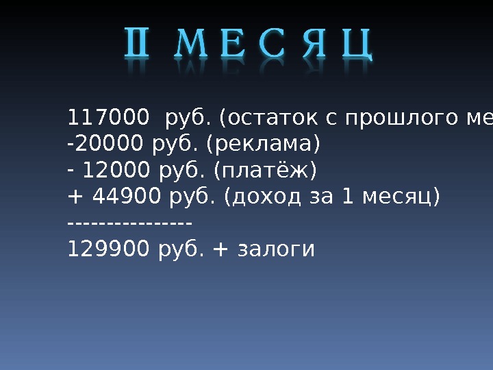 117000 руб. (остаток с прошлого месяца) - 20000 руб. (реклама) -  12000 руб.