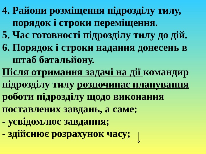 4. Райони розміщення підрозділу тилу, порядок і строки переміщення. 5. Час готовності підрозділу тилу