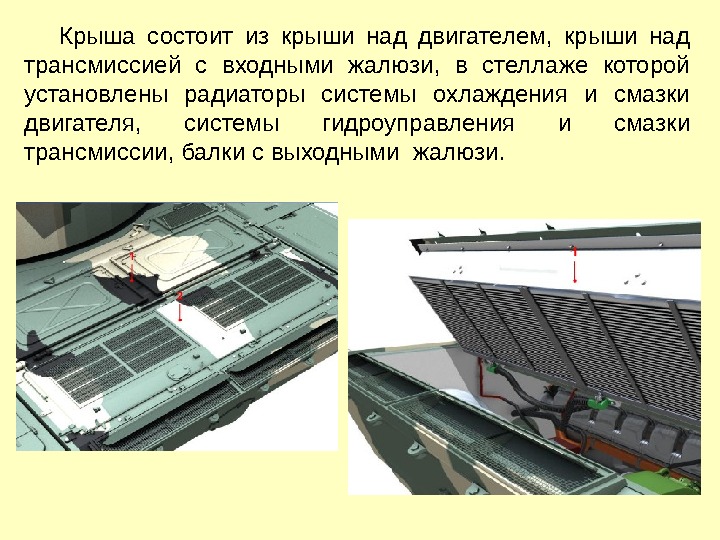  Крыша состоит из крыши над двигателем,  крыши над трансмиссией с входными жалюзи,