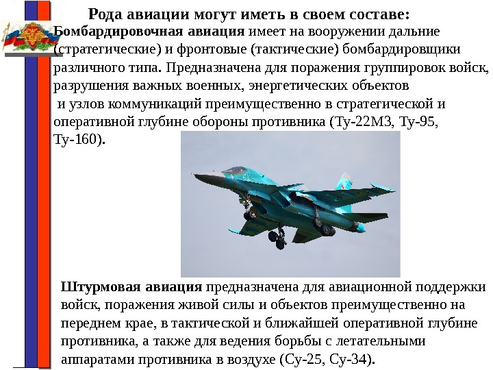 Рода авиации могут иметь в своем составе: Бомбардировочная авиация имеет на вооружении дальние (стратегические)