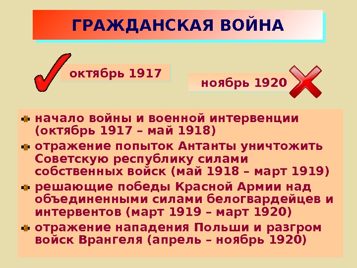 ГРАЖДАНСКАЯ ВОЙНА октябрь 1917 ноябрь 1920 начало войны и военной интервенции (октябрь 1917 –