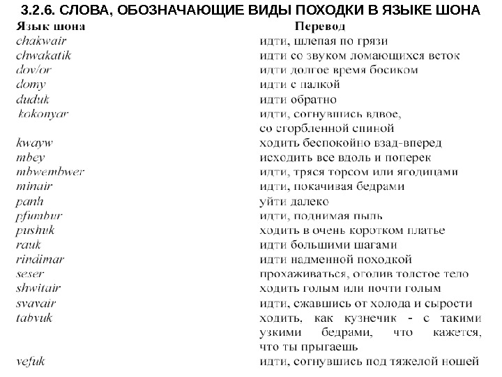 3. 2. 6. СЛОВА, ОБОЗНАЧАЮЩИЕ ВИДЫ ПОХОДКИ В ЯЗЫКЕ ШОНА 