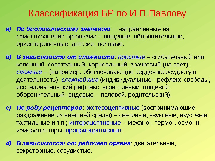 Классификация БР по И. П. Павлову a) По биологическому значению ─ направленные на самосохранение