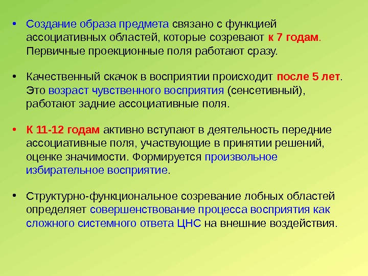  • Создание образа предмета связано с функцией ассоциативных областей, которые созревают к 7