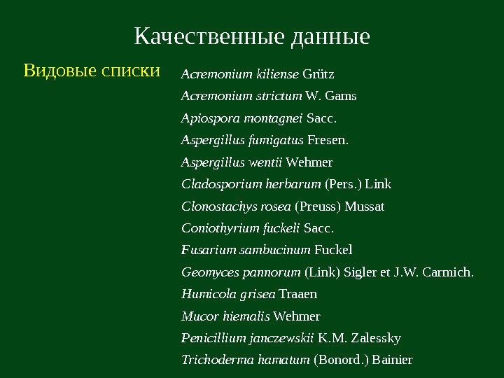   Качественные данные Видовые списки Acremonium kiliense Grütz Acremonium strictum W. Gams Apiospora