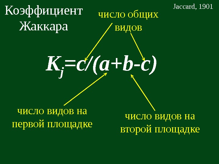   K j =c/(a+b-c)Коэффициент Жаккара число общих видов число видов на первой площадке