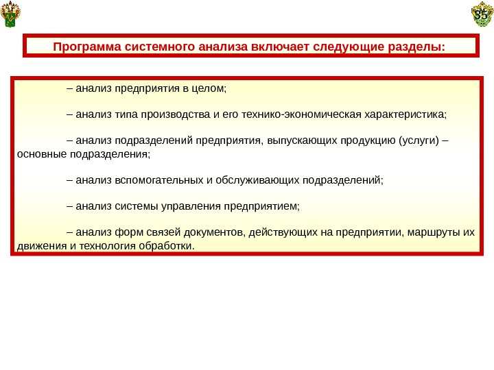   Программа системного анализа включает следующие разделы:  35 – анализ предприятия в