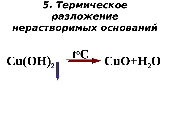 5.  Термическое разложение нерастворимых оснований t o C Cu. O+H 2 OС u(OH)