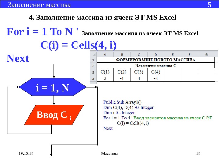 4.  Заполнение массива из ячеек ЭТ MS Excel For i = 1 To
