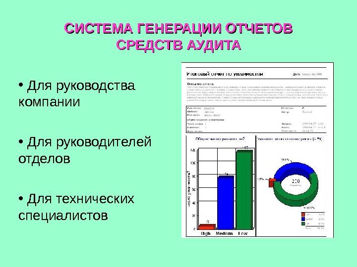 СИСТЕМА ГЕНЕРАЦИИ ОТЧЕТОВ СРЕДСТВ АУДИТА •  Для руководства компании •  Для руководителей