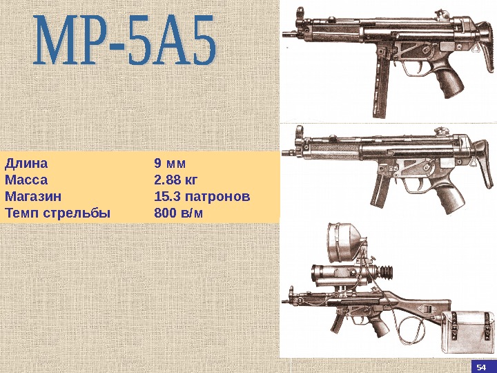 55 54 Длина 9 мм Масса 2. 88 кг Магазин 15. 3 патронов Темп