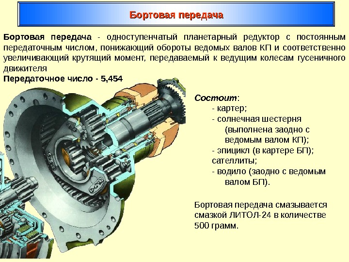 Бортовая передача  - одноступенчатый планетарный редуктор с постоянным передаточным числом,  понижающий обороты