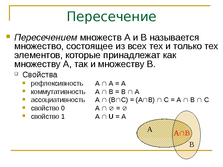 Пересечением множеств А и В называется множество, состоящее из всех тех и только тех